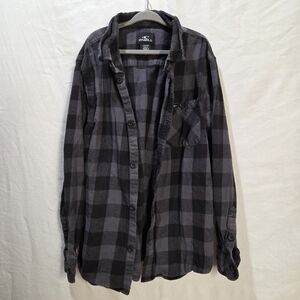 O'Neill Boys Size Lg 10-12 Black and Gray Plaid Button Down Cotton Shirt